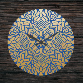 Elegant Guld och Blue Blommigt Mandala Stor Klocka