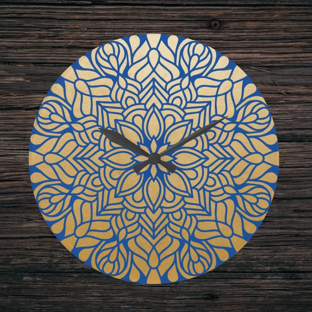 Elegant Guld och Blue Blommigt Mandala Stor Klocka (Skapare uppladdad)