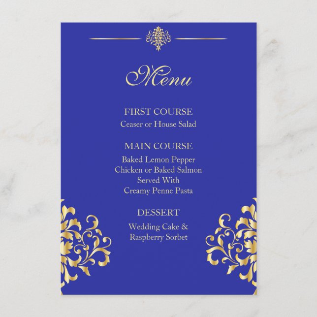 Elegant Guld och Blue Damask Wedding Menu Meny (Framsida)
