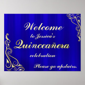 Elegant Guld och Blue Quinceanera Välkomsttecken Poster