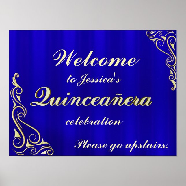 Elegant Guld och Blue Quinceanera Välkomsttecken Poster (Framsidan)