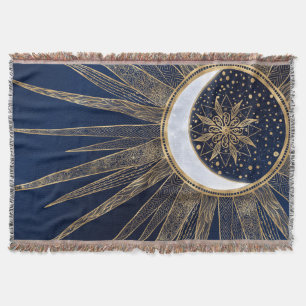 Elegant Guld och Blue Sol Måne Mandala Doodles Art Filt