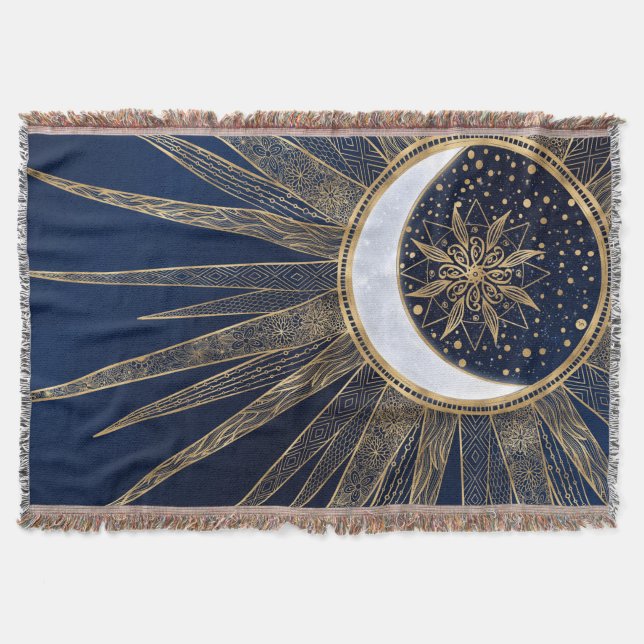 Elegant Guld och Blue Sol Måne Mandala Doodles Art Filt (Framsidan)