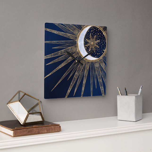 Elegant Guld och Blue Sol Måne Mandala Doodles Art Fyrkantig Klocka (Kontor)