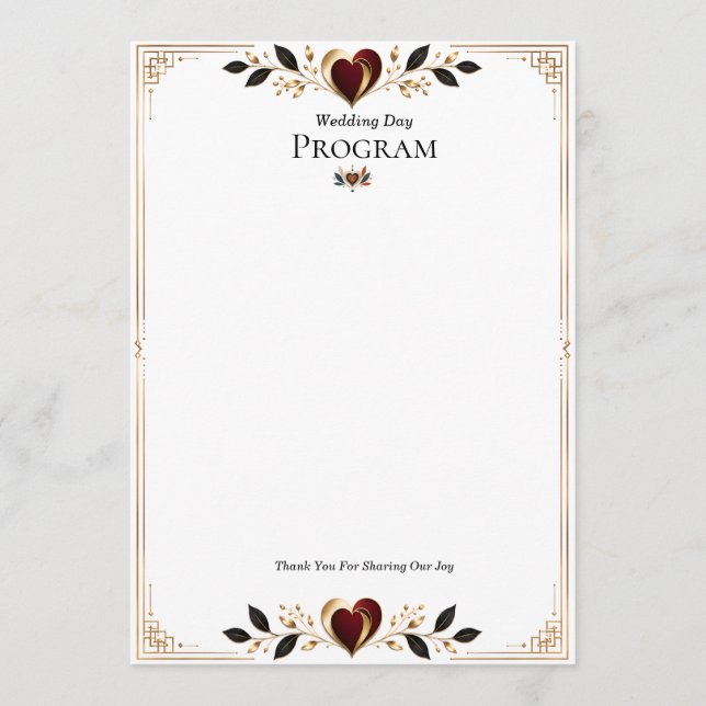 Elegant guld- och burgunderfärgad hjärtformad bröl program (Framsida)