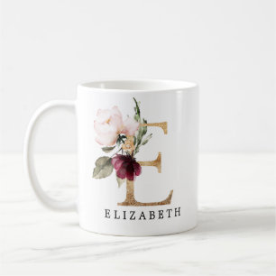 Elegant guld- och burgunderfärgad rosblommig bokst kaffemugg