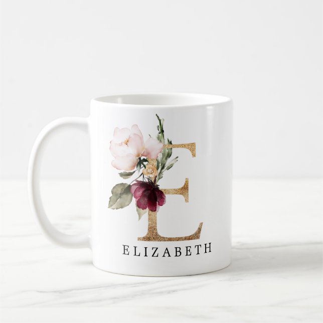 Elegant guld- och burgunderfärgad rosblommig bokst kaffemugg (Vänster)