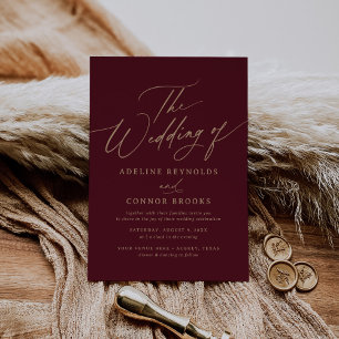 Elegant Guld och Burgundy Calligraphy Bröllop Inbjudningar
