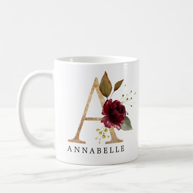 Elegant Guld och Burgundy Flower Brev A Kaffemugg (Vänster)
