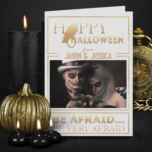 Elegant Guld och Chic Vuxen Happy halloween Kort (Elegant white and gold Halloween greeting card with photo)