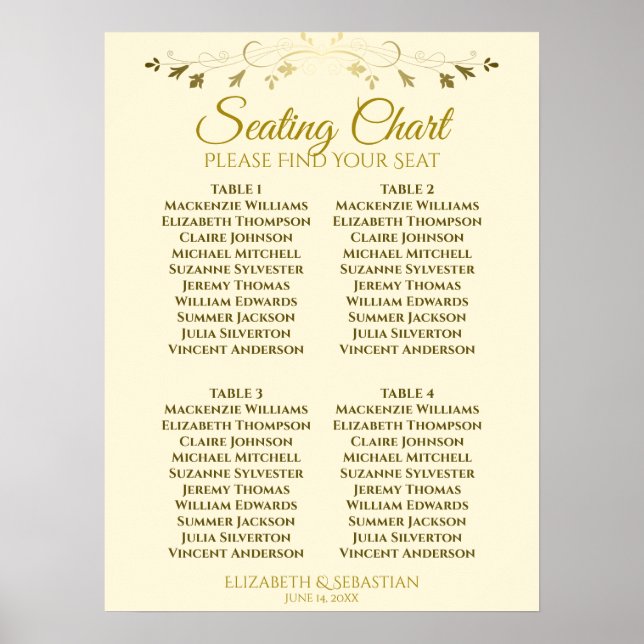 Elegant guld- och crêmefärgad 4-bordig bröllopsstä poster (Framsidan)