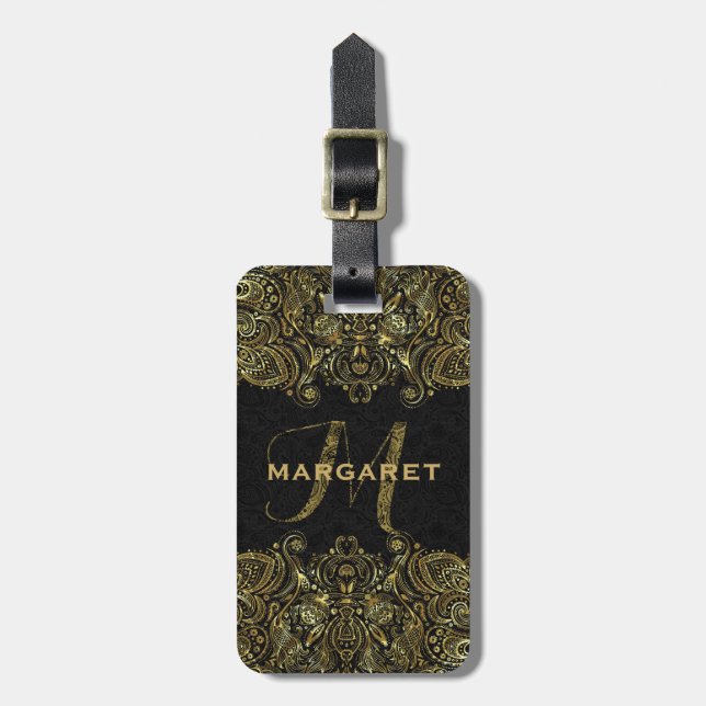 Elegant Guld och den svarta Blommigten Paisley Snö Bagagebricka (Vertikal Framsida)