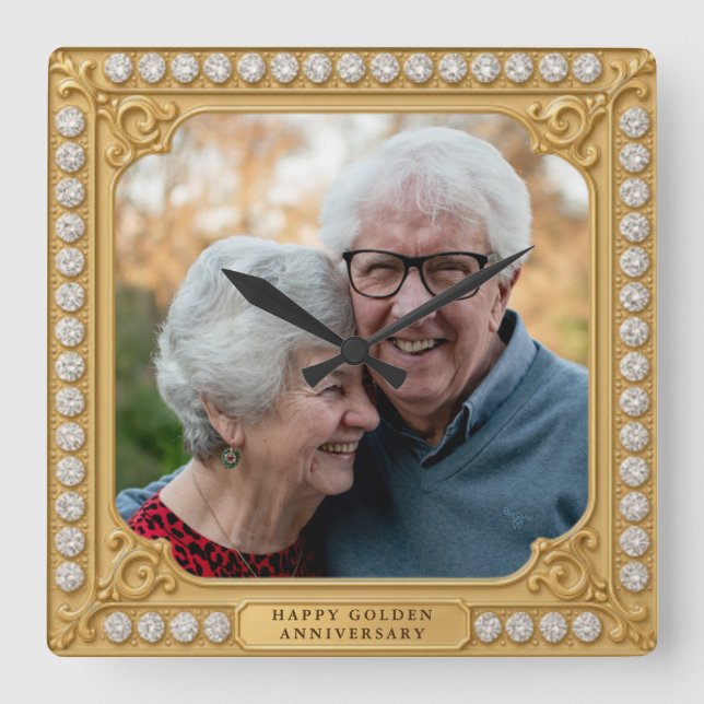  Elegant guld- och diamantjubileumsfoto 50 år Fyrkantig Klocka (Framsida)