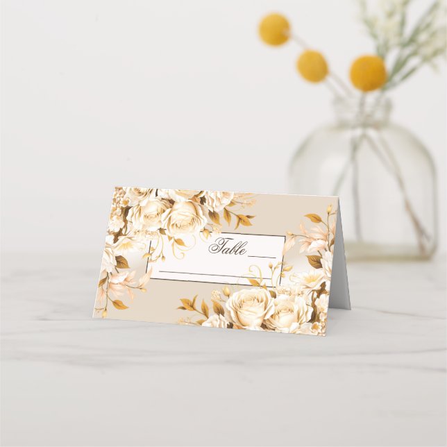 Elegant guld- och elfenbensblommig bröllop placeringskort (Framsida)