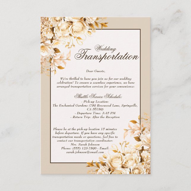 Elegant guld- och elfenbensblommig bröllopstranspo tilläggskort (Framsida)