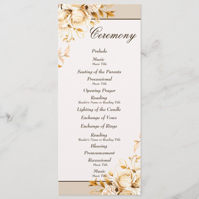 Elegant guld- och elfenbensblommig vigselbröllopsf program (Framsida)