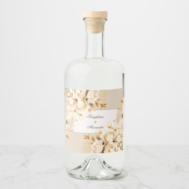 Elegant Guld och Elfenbenskustens Blommigt Bröllop Spritflaskor Etikett (Framsida)