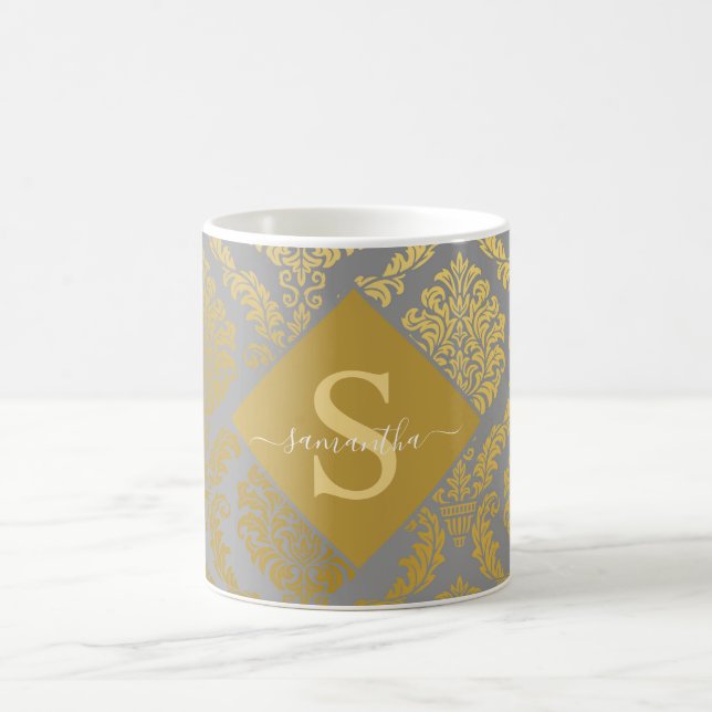 Elegant guld- och grå damastpersonlig  kaffemugg (Center)