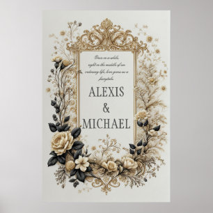 Elegant Guld och Grått Blommigt Poster