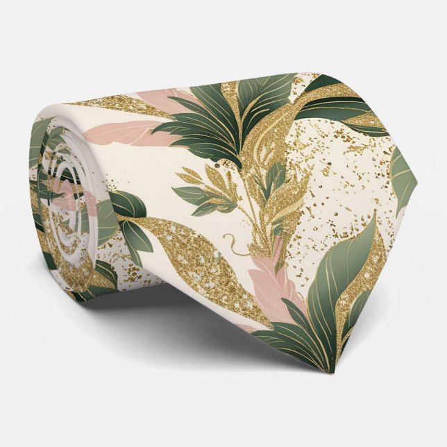 Elegant guld- och grön botanisk bladsmönster slips (Rullad)