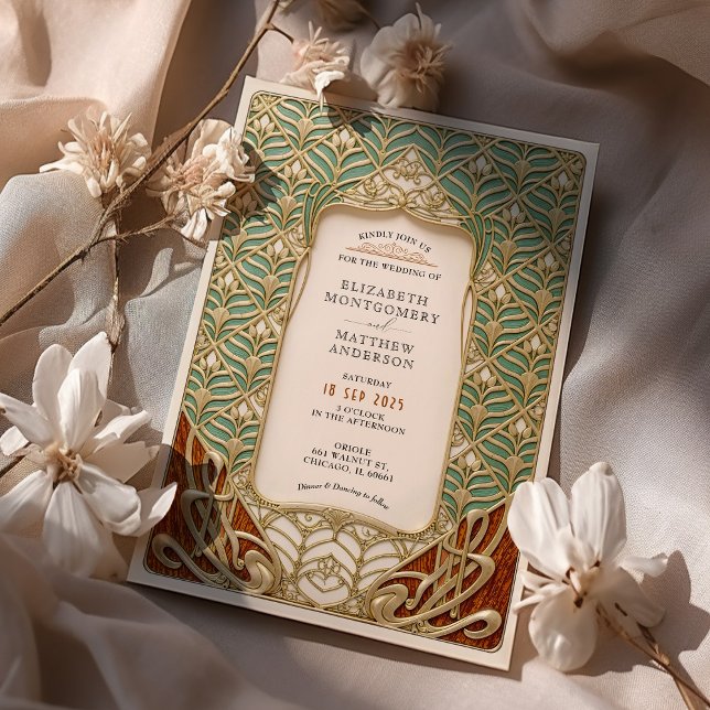Elegant Guld och Grönt Art nouveau Bröllop Inbjudningar (Skapare uppladdad)