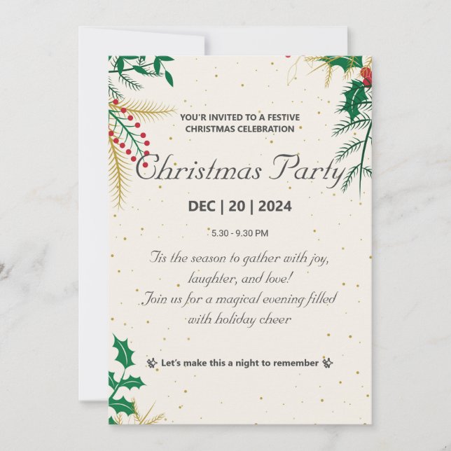 Elegant Guld och Grönt julfest - inbjudan (Framsida)