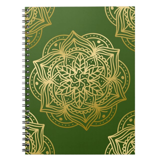 Elegant Guld och Grönt Mandala Mönster Anteckningsbok (Framsidan)
