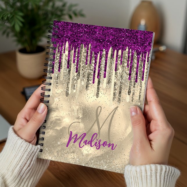 Elegant guld och heta rosa droppmonogram anteckningsbok (Skapare uppladdad)