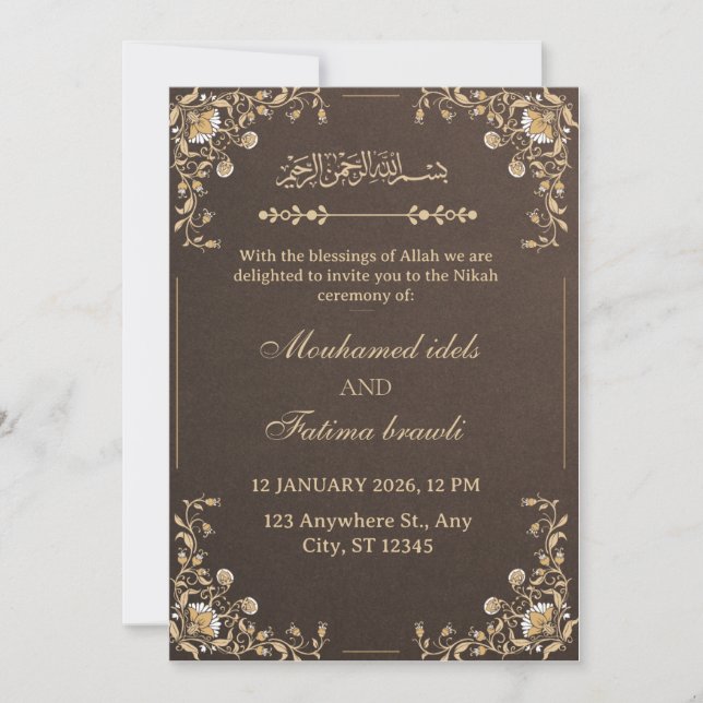 Elegant guld- och krämfärgad arabisk bröllopsinbju inbjudningar (Framsida)