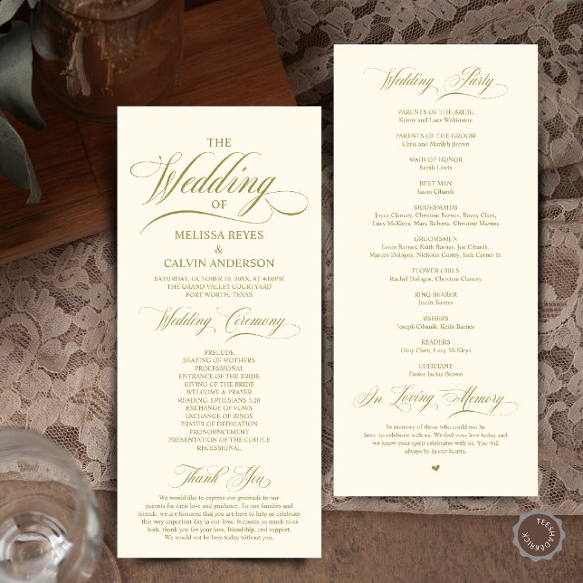 Elegant guld- och krämfärgad bröllopsceremoni med  program (Elegant Cream and Grey Script Wedding Ceremony Order Program Card in Cream and Gold)