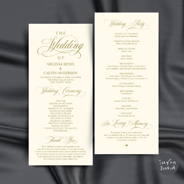 Elegant guld- och krämfärgad bröllopsceremoni program (Elegant Gold and Cream Script Wedding Ceremony Order Program Card)