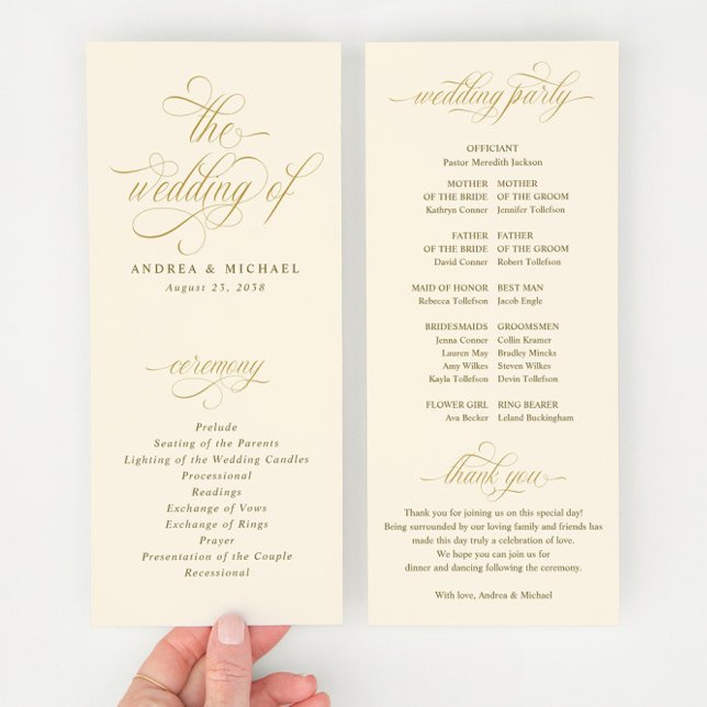 Elegant guld- och krämfärgad kalligrafi bröllop program (Elegant Cream and Gold Calligraphy Wedding Programs - Fancy, Ornate and Glam Script)