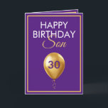Elegant Guld och Lila Blegon Son 30års födelsedag Kort<br><div class="desc">Elegant Guld och Lila Balloon Son 30års födelsedag, en unik utformning som tittar för något speciellt för deras son på hans födelsedag. Utformningen har en fin gyllene ballong i framsidan med anpassade som du kan anpassa, så tveka inte att anpassa den för att göra din egen födelsedagsinbjudan. Om du har...</div>