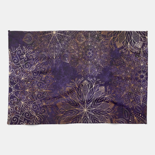 Elegant Guld och Lila Blommigt Mandala Mönster Kökshandduk (Horisontell)