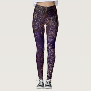 Elegant Guld och Lila Blommigt Mandala Mönster Leggings
