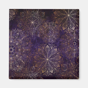 Elegant Guld och Lila Blommigt Mandala Mönster Magnet