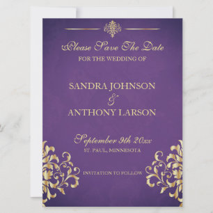 Elegant Guld och Lila Damask Spara datum Datumet
