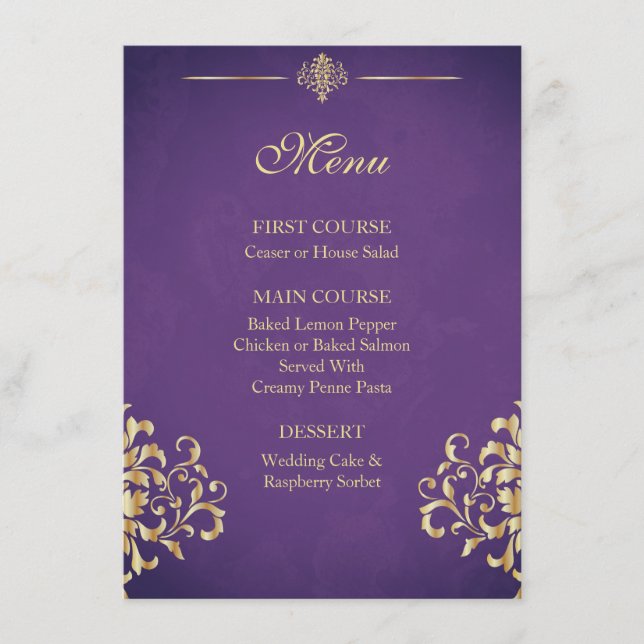 Elegant Guld och Lila Damask Wedding Menu Meny (Framsida)