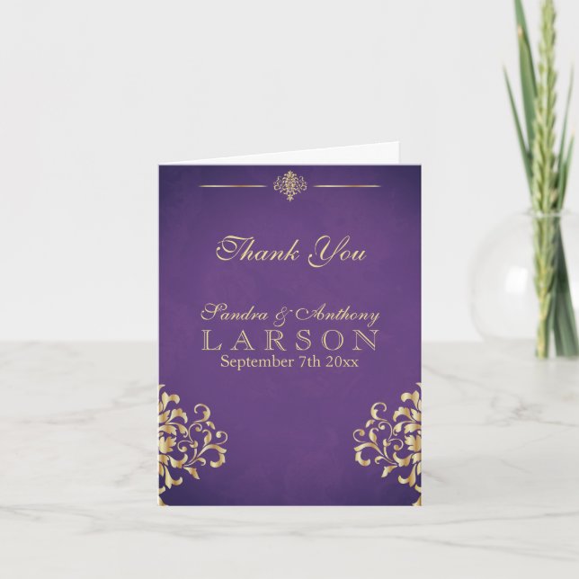 Elegant guld- och lila damastbröllop tack kort (Framsida)