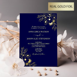 Elegant guld- och marinblå bröllopsinbjudan i foli