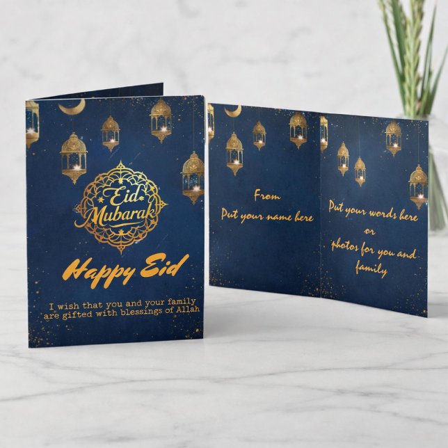 Elegant guld- och marinblå Eid Mubarak-välkomstkor Kort (Skapare uppladdad)