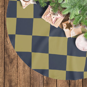 Elegant guld- och marinblå rutig mönster julgransmatta borstad polyester