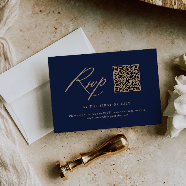 Elegant Guld och marinkalligrafi Bröllop QR-kod OSA Kort (Skapare uppladdad)