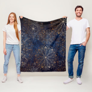 Elegant Guld och Mörk blått Blommigten Mandala M Fleecefilt