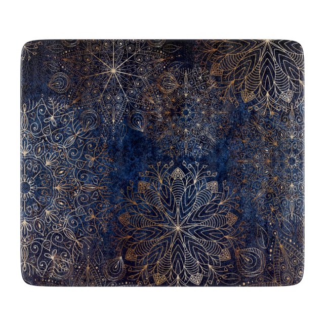 Elegant Guld och Mörk blått Blommigten Mandala Mön (Framsidan)