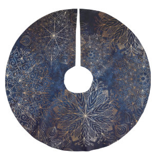 Elegant Guld och Mörk blått Blommigten Mandala Mön Julgransmatta Borstad Polyester