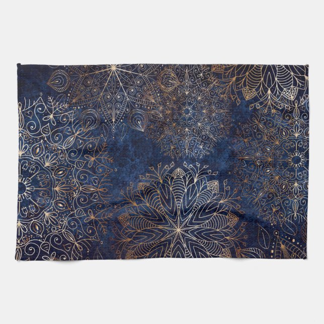 Elegant Guld och Mörk blått Blommigten Mandala Mön Kökshandduk (Horisontell)