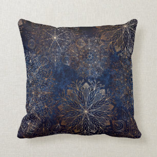 Elegant Guld och Mörk blått Blommigten Mandala Mön Kudde