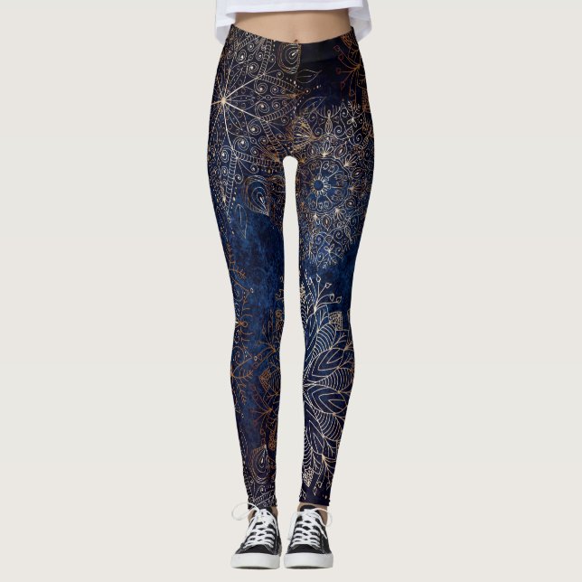 Elegant Guld och Mörk blått Blommigten Mandala Mön Leggings (Framsida)