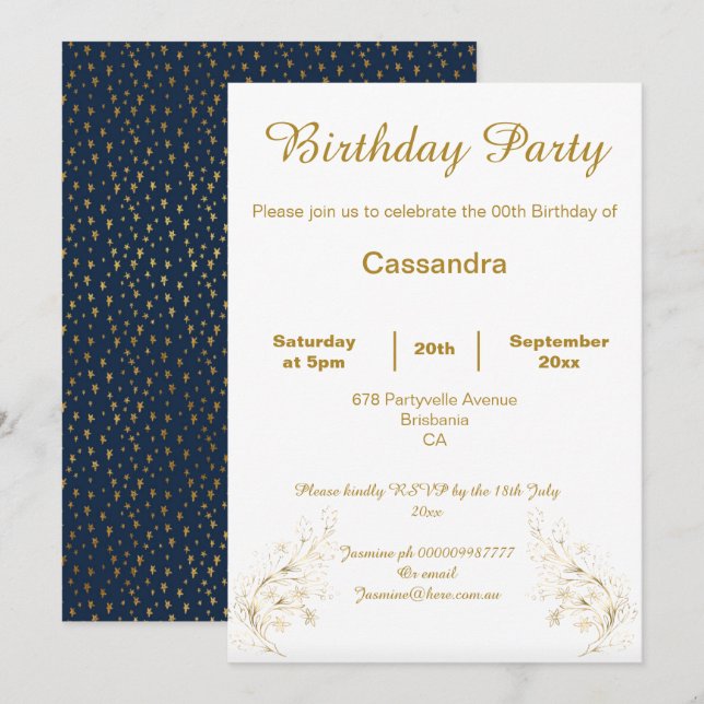 ELEGANT GULD OCH NAVY STAR ANPASSNINGSBAR BIRTHDAY INBJUDNINGAR (Fram/baksida)